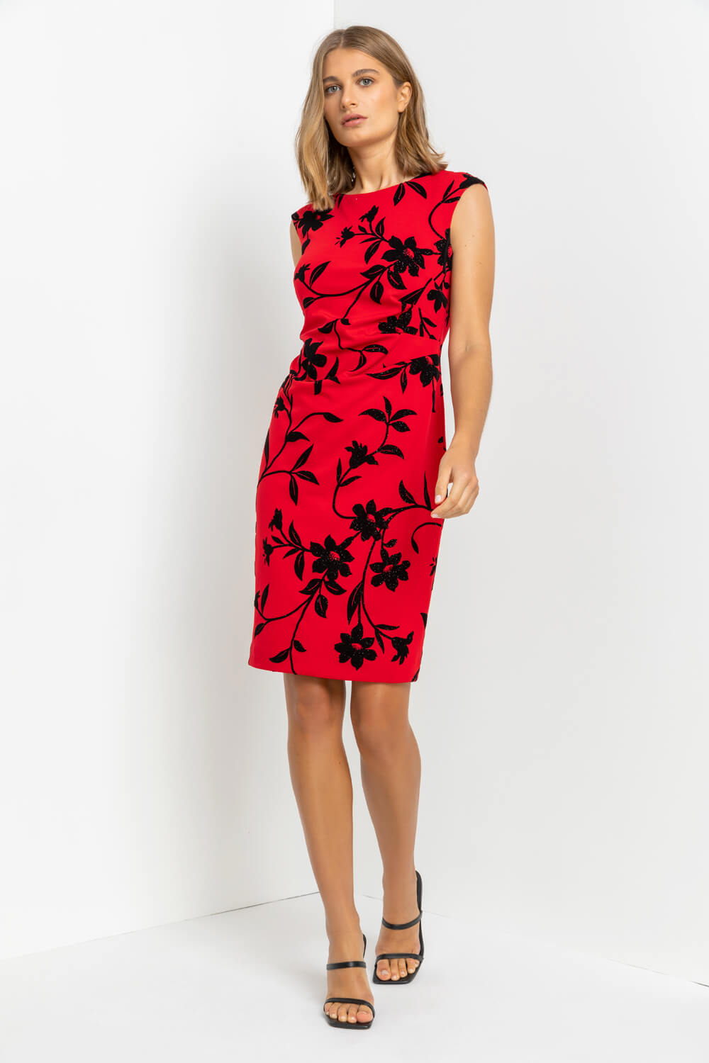 Red Floral Flocked Shimmer Shift Dress, Image 3 of 4
