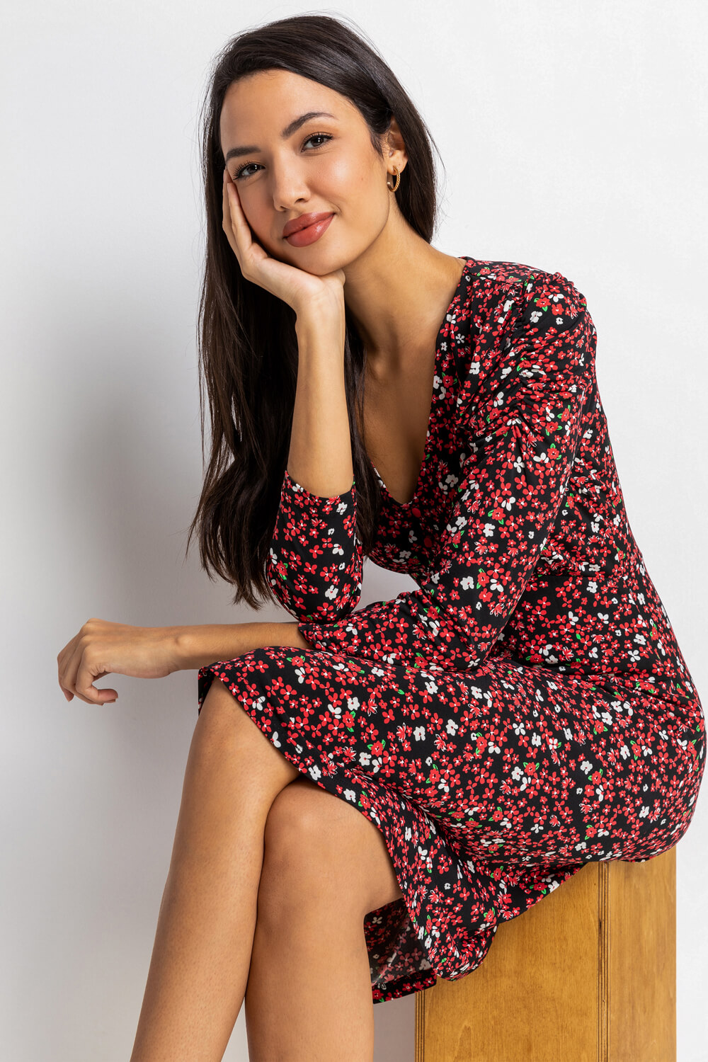 Red Ditsy Floral Fit & Flare Dress, Image 4 of 5