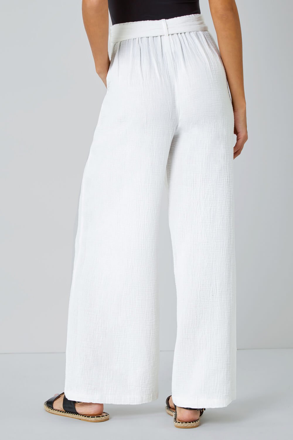 Ivory  Textured Cotton Wide Leg Trousers, Image 3 of 5