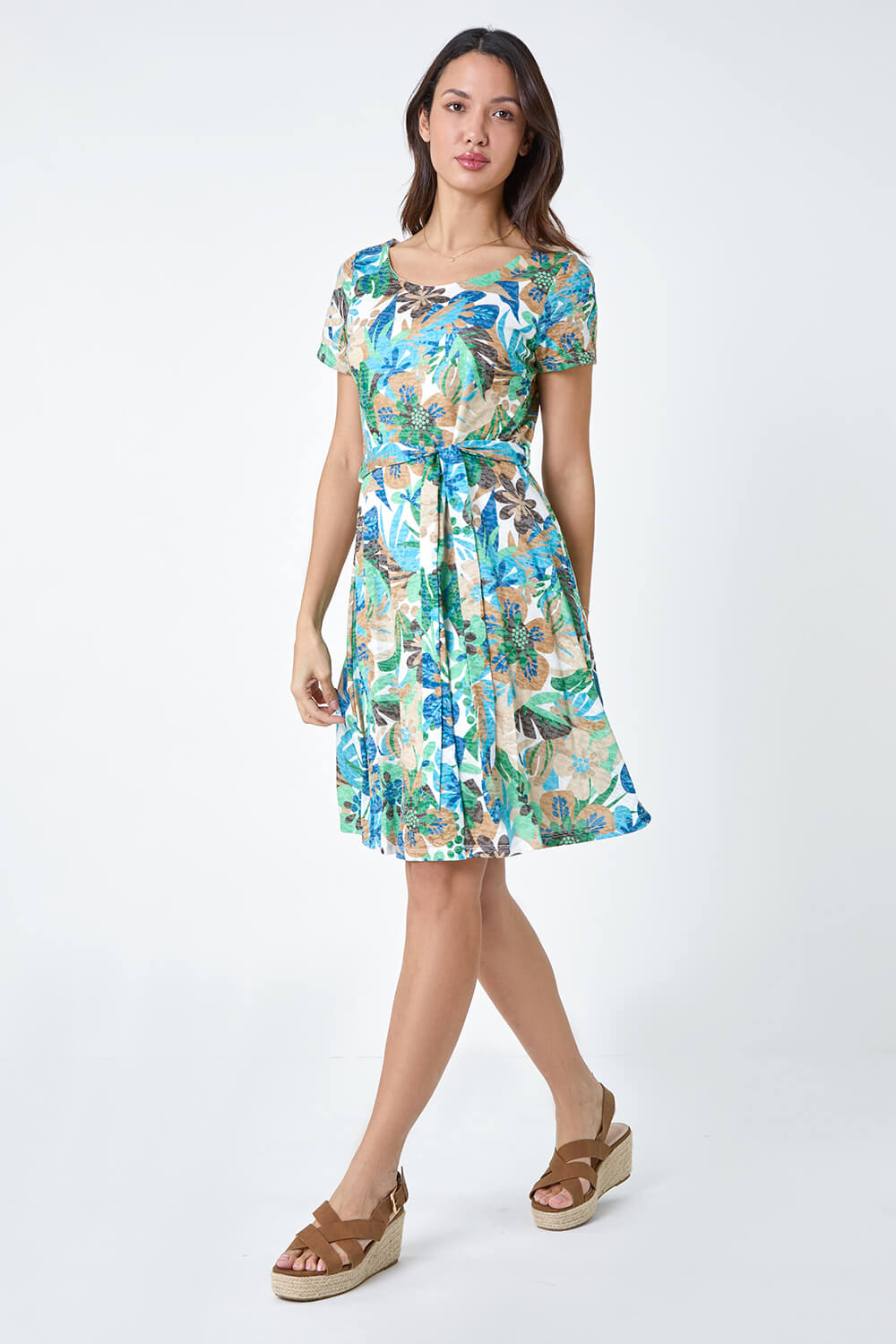 Green Tropical Print Belted Dress, Image 2 of 5