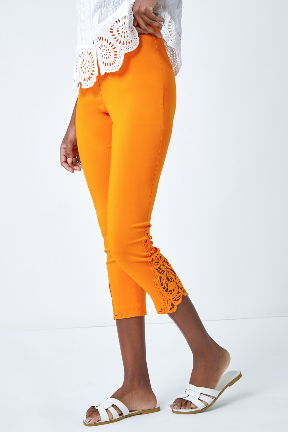 ORANGE Lace Insert Crop Stretch Trousers, Image 4 of 5