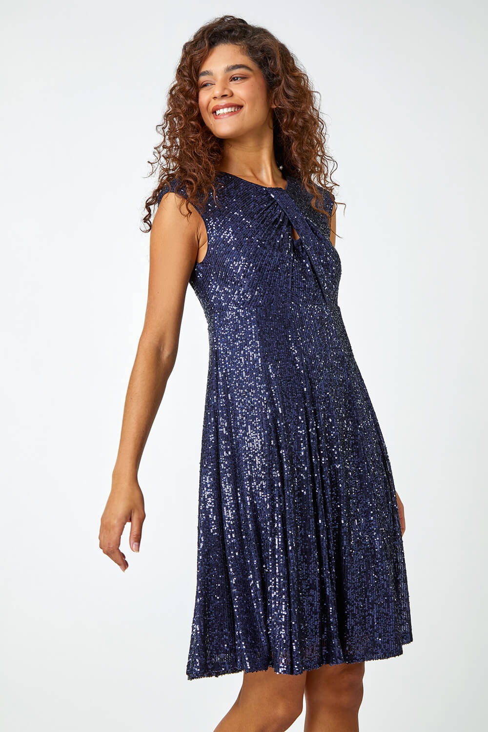 Midnight Blue Sequin Twist Front Stretch Dress, Image 2 of 5