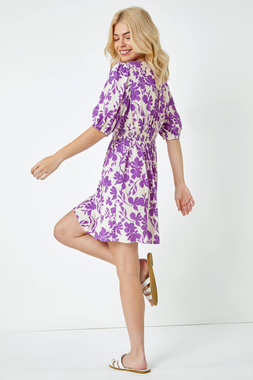 Lavender Floral Shirred Waist Mini Dress, Image 3 of 5