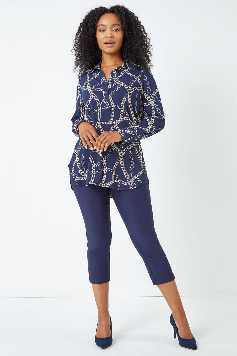 Navy  Petite Chain Print Blouse, Image 2 of 5