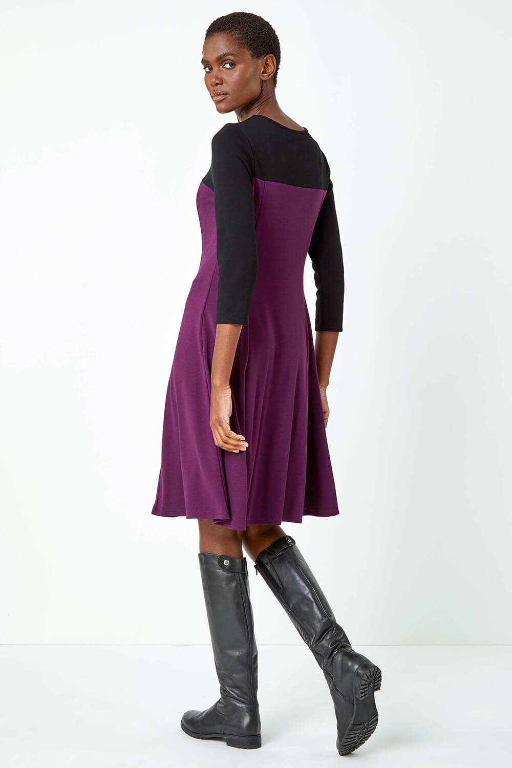 Purple Colour Block Skater Stretch Dress, Image 3 of 5