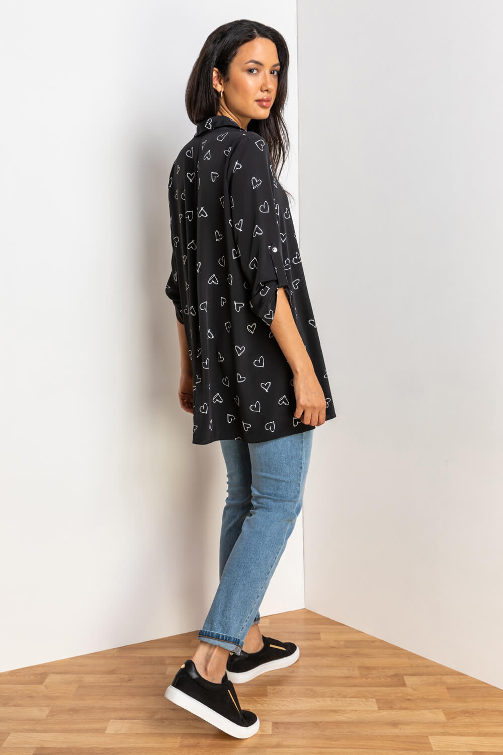 Black Heart Print Button Up Tunic Blouse , Image 2 of 5