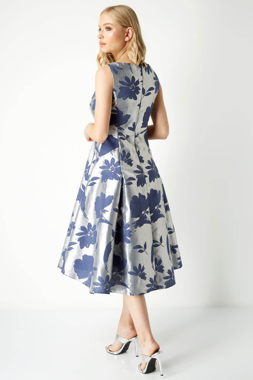 Floral Jacquard Fit and Flare Dress in Silver - Roman Originals UK