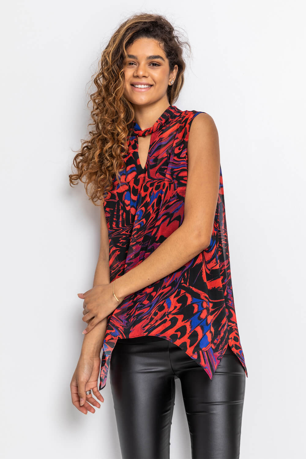 Abstract Butterfly Print Keyhole Top