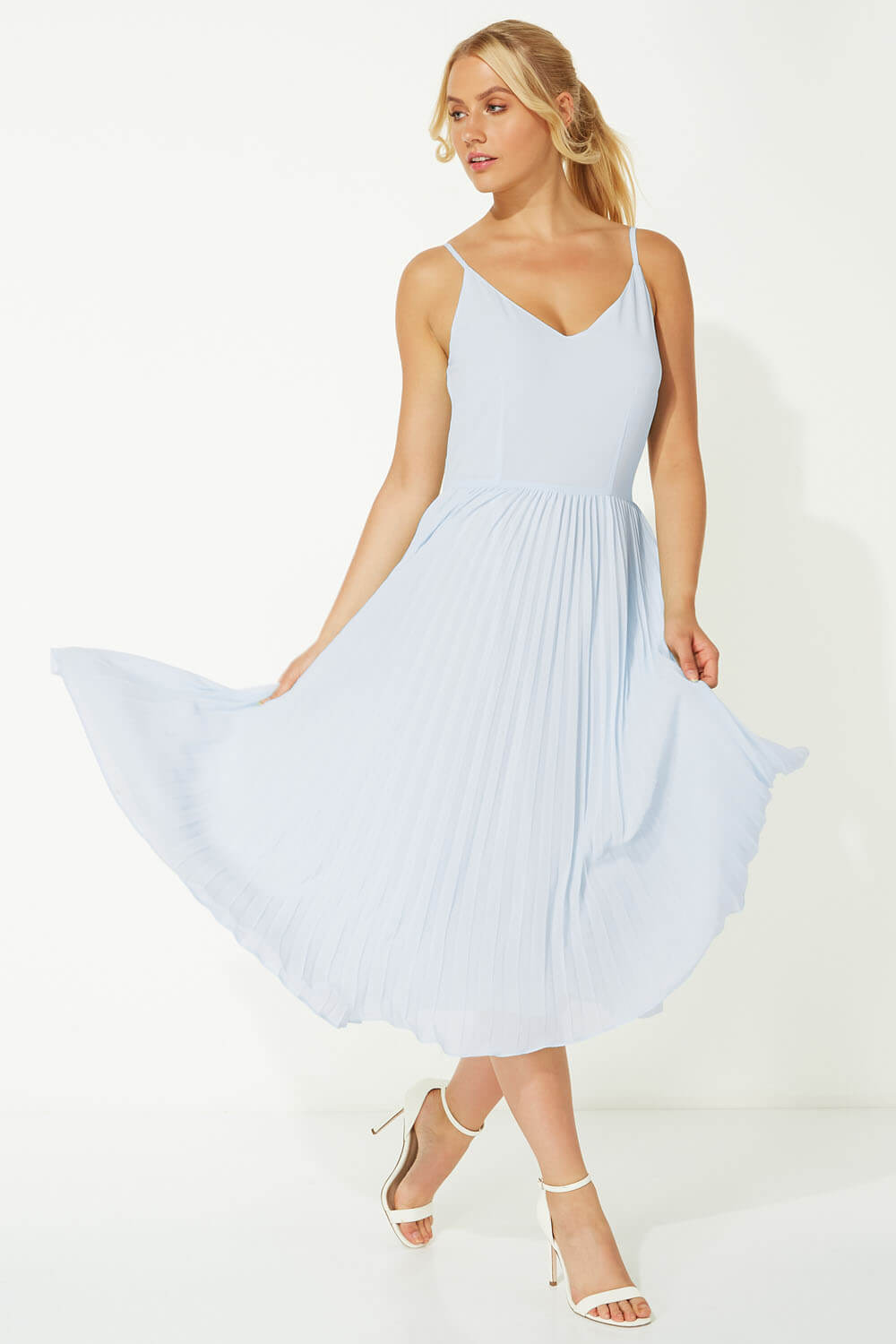 Light Blue  Lace Top Overlay Pleated Midi Dress, Image 4 of 5