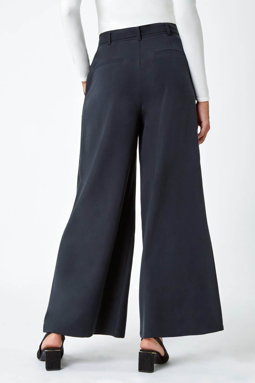 Black Wide Leg Belted Stretch Trousers, Image 3 of 5