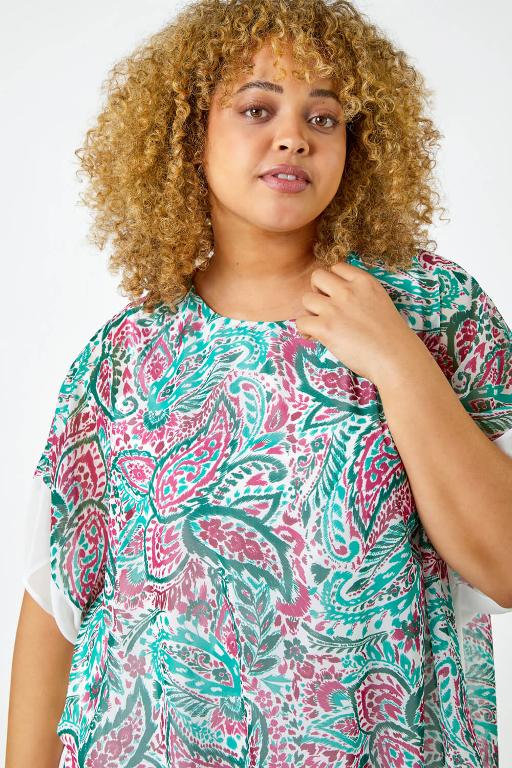 Green Curve Paisley Contrast Chiffon Top, Image 4 of 5