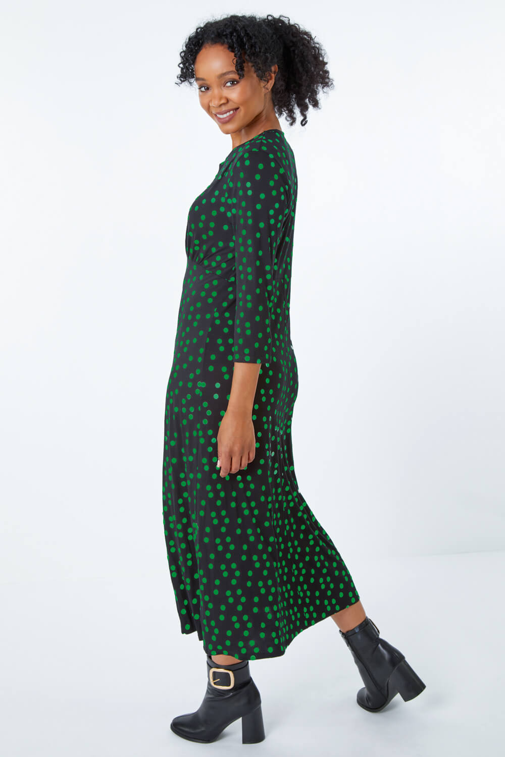 Petite Spot Print Keyhole Midi Dress in Green | Roman UK