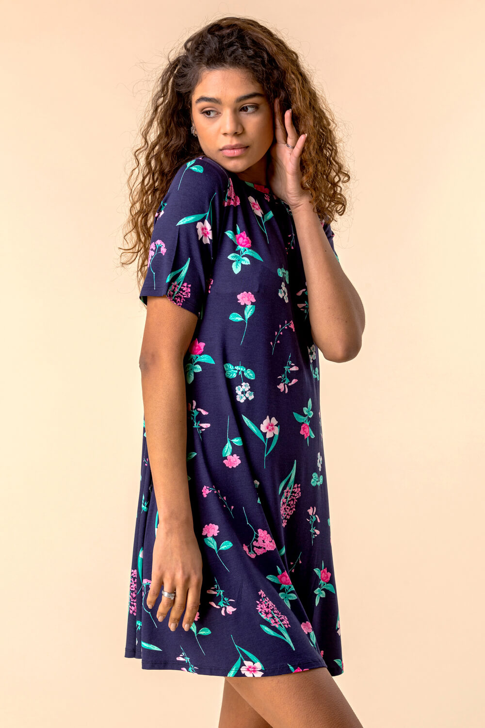 Navy  Floral Print Swing Dress, Image 4 of 4