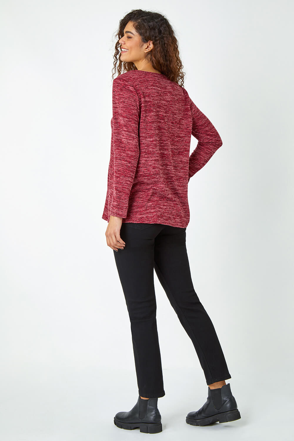 Maroon Button Stretch Knit Asymmetric Top, Image 3 of 5