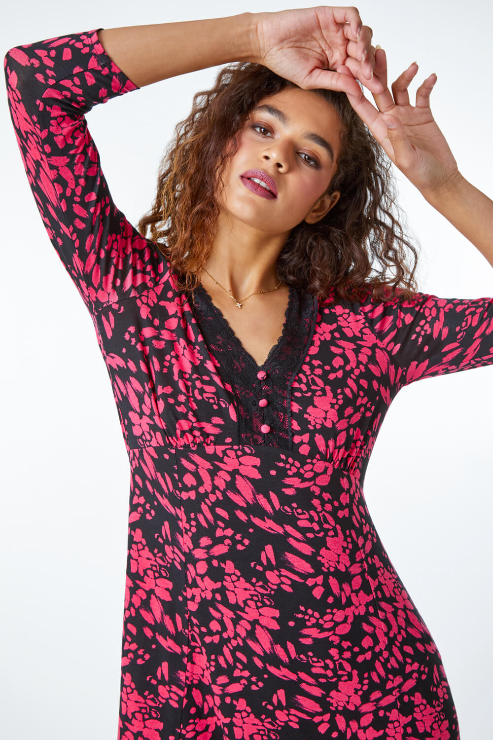 CERISE Lace Detail Abstract Midi Dress, Image 4 of 5