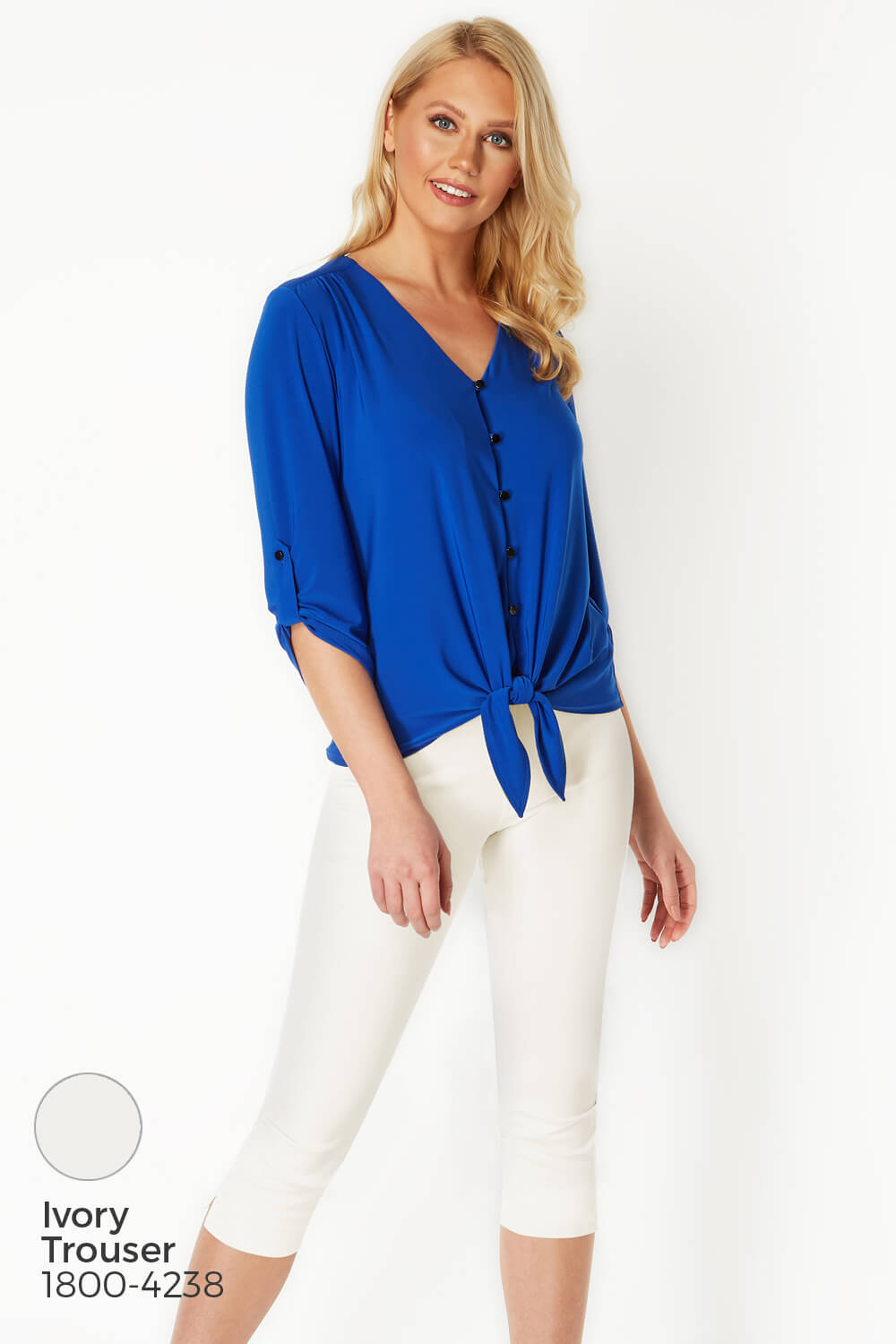 Royal Blue Tie Front Button Up Blouse, Image 8 of 8