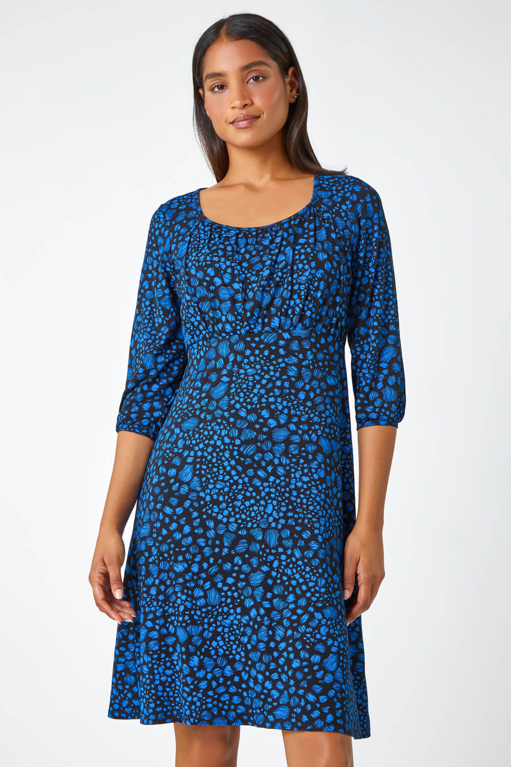 Royal Blue Abstract Spot Print Stretch Dress , Image 2 of 5