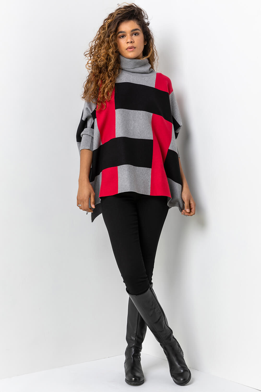 Red One Size Colourblock High Neck Poncho, Image 3 of 5