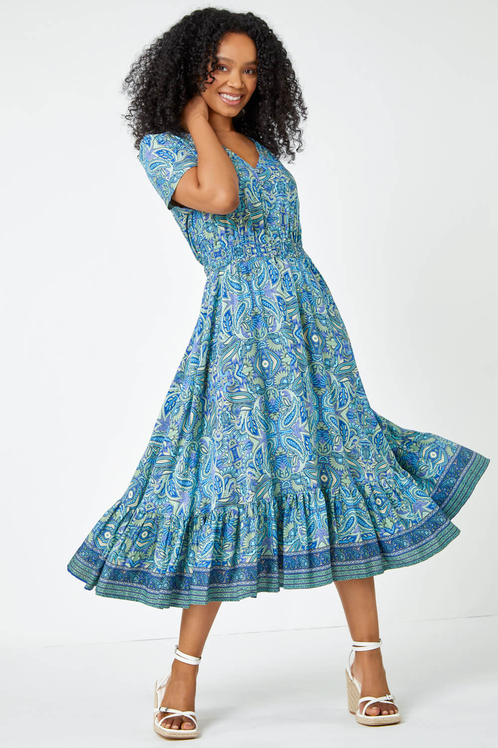 Blue Petite Paisley Print Frill Hem Midi Dress, Image 2 of 5