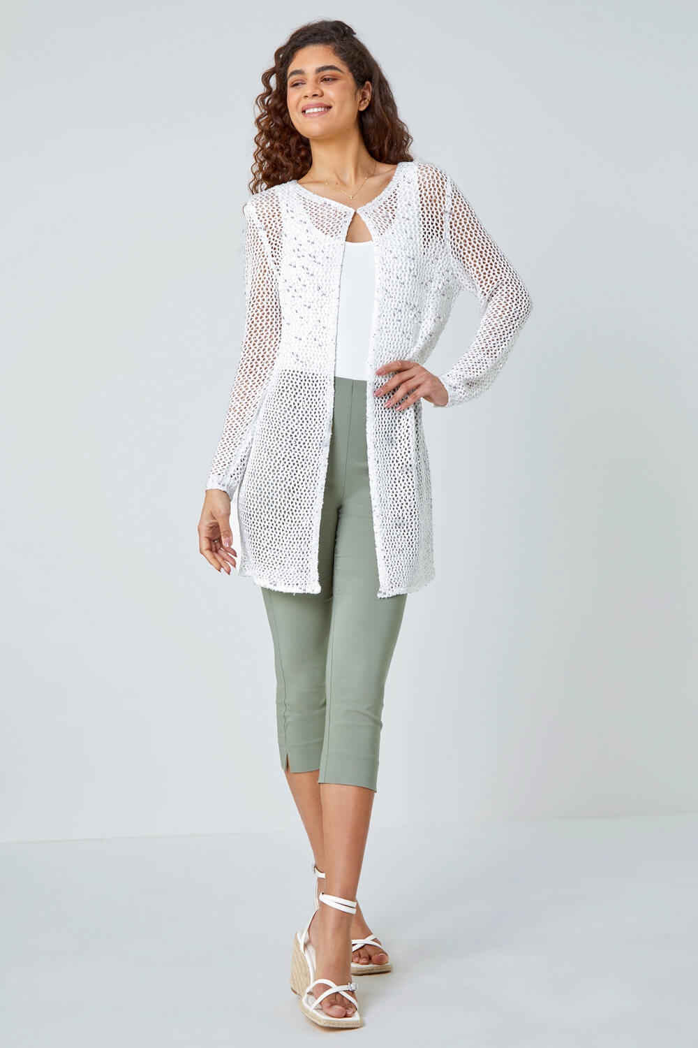 White Sequin Knit Longline Cardigan, Image 2 of 5