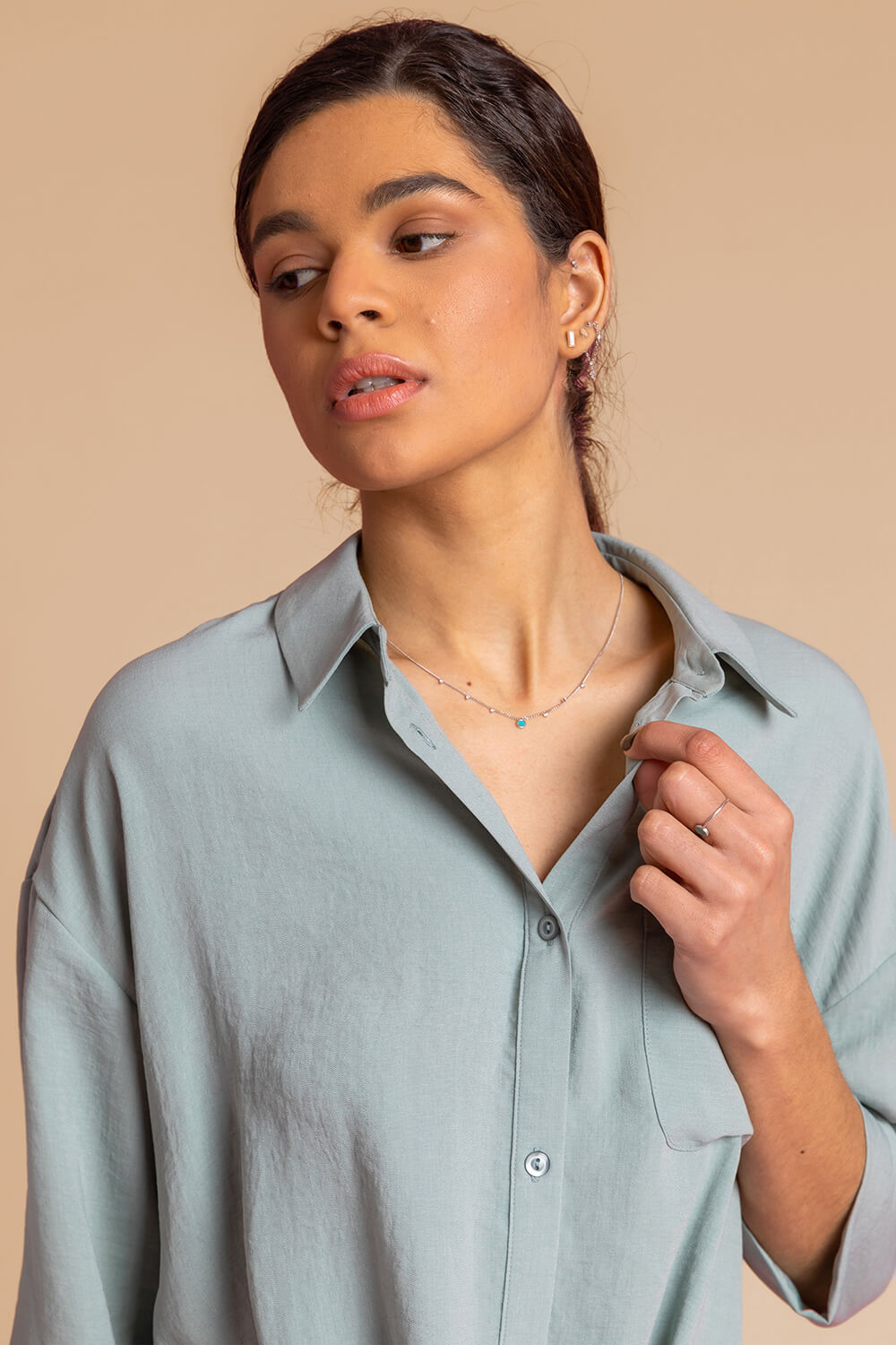 Sage Plain Twist Detail Collared Shirt, Image 4 of 4