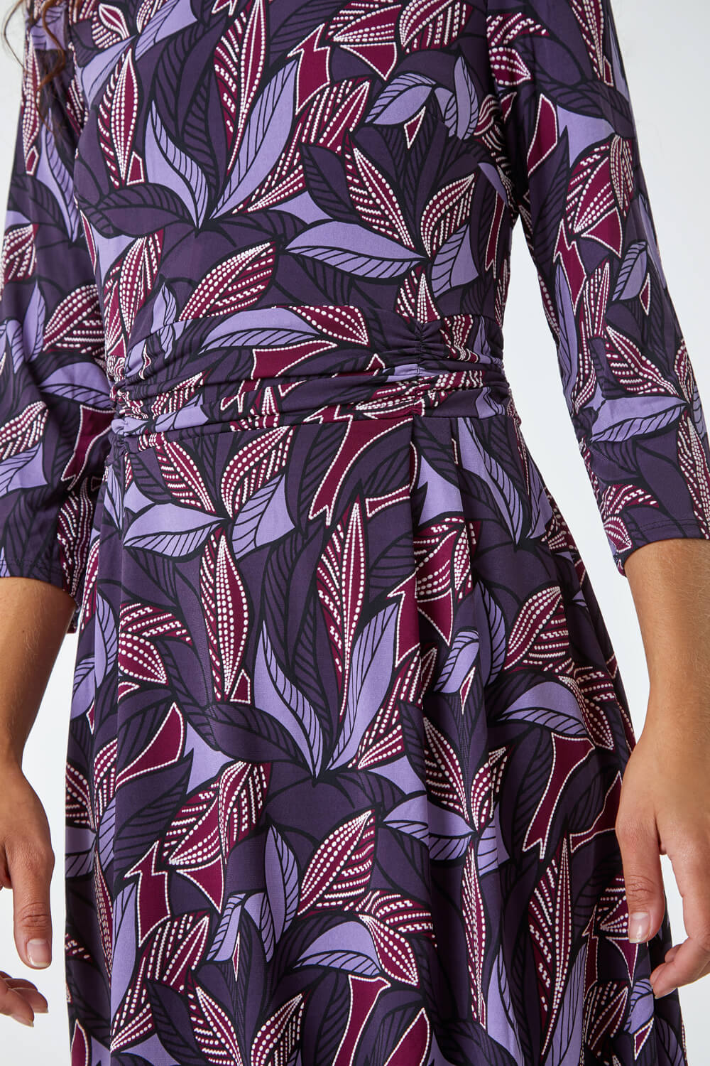 Purple Leaf Print Gathered Stretch Dress, Image 5 of 5