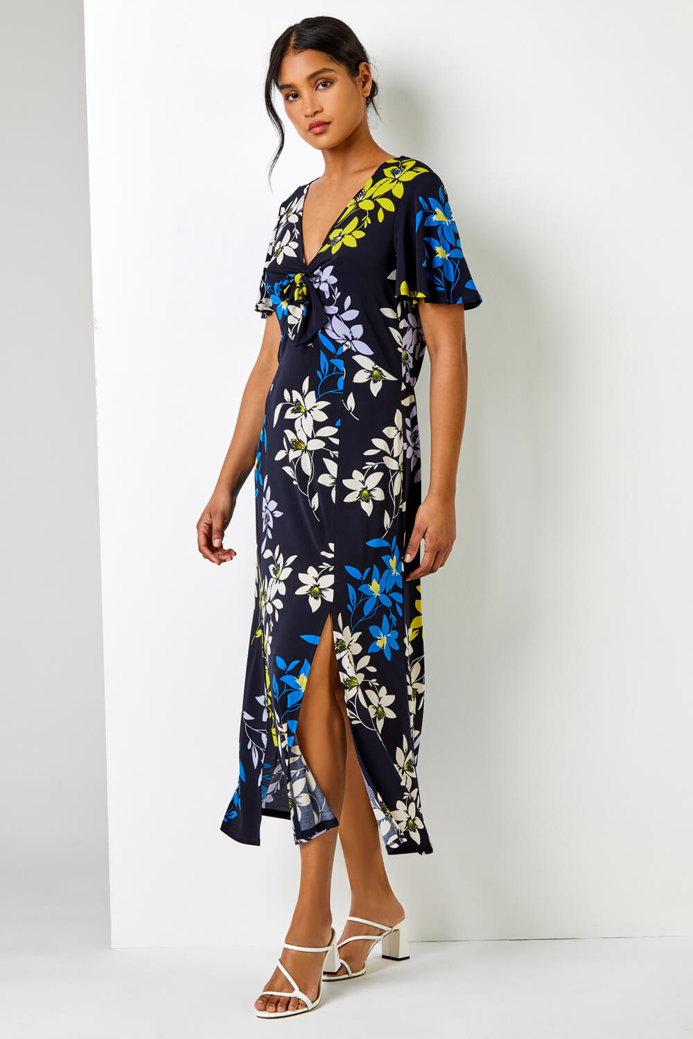 Navy  Tie Detail Floral Print Maxi Dress, Image 3 of 5
