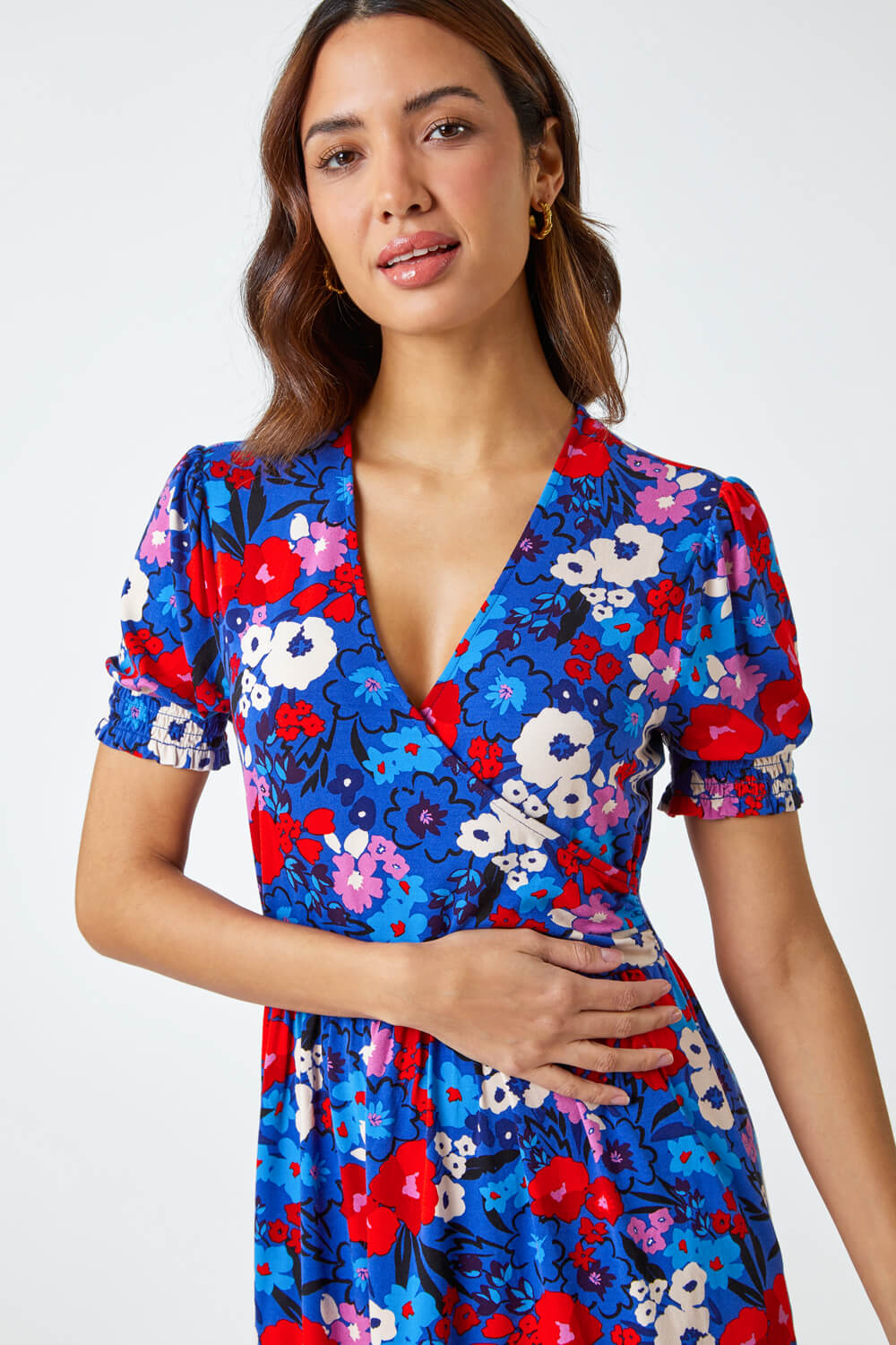 Blue Floral Frill Sleeve Wrap Dress , Image 4 of 5
