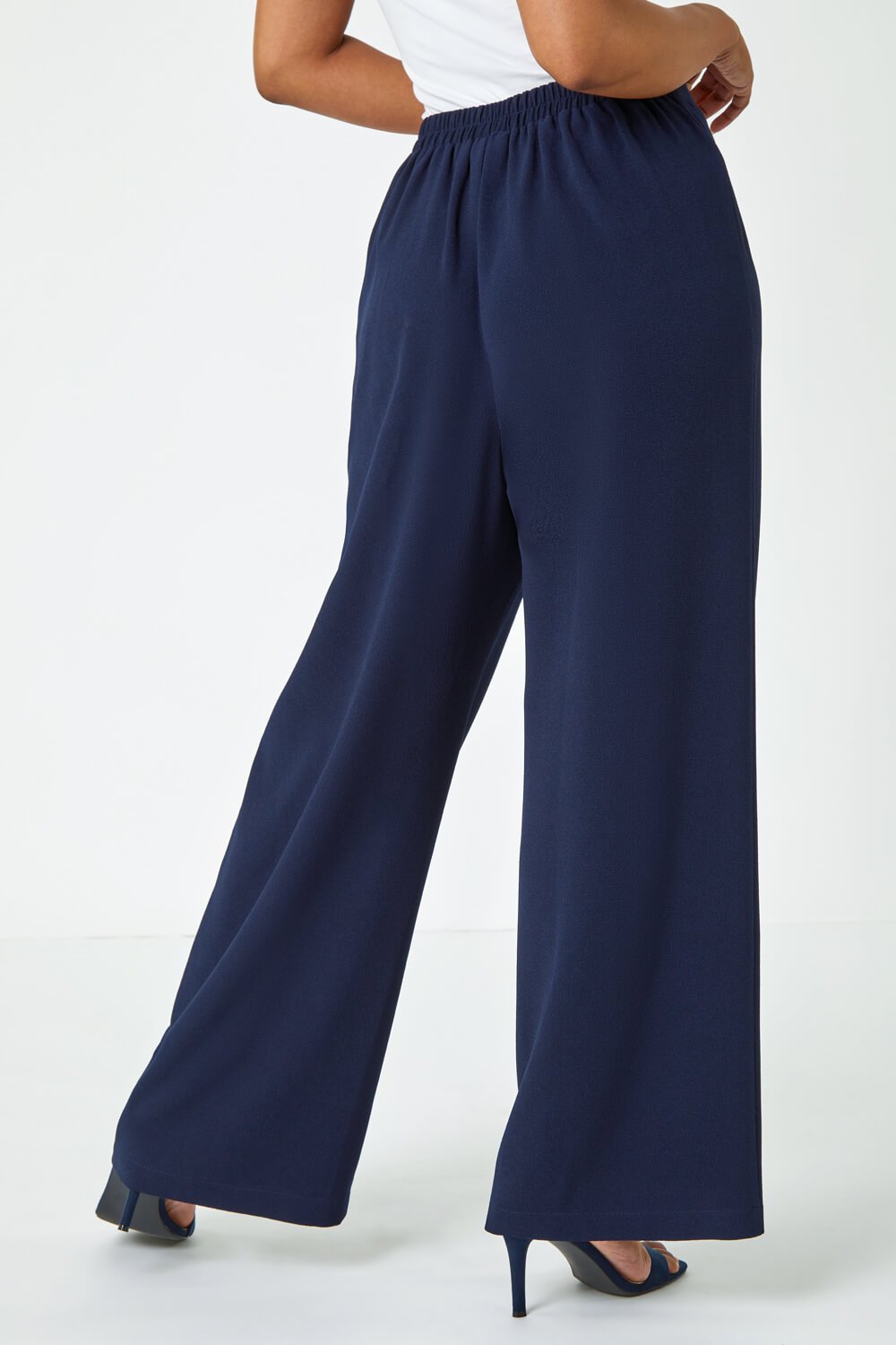 Navy  Petite Wide Leg Stretch Trousers, Image 3 of 6