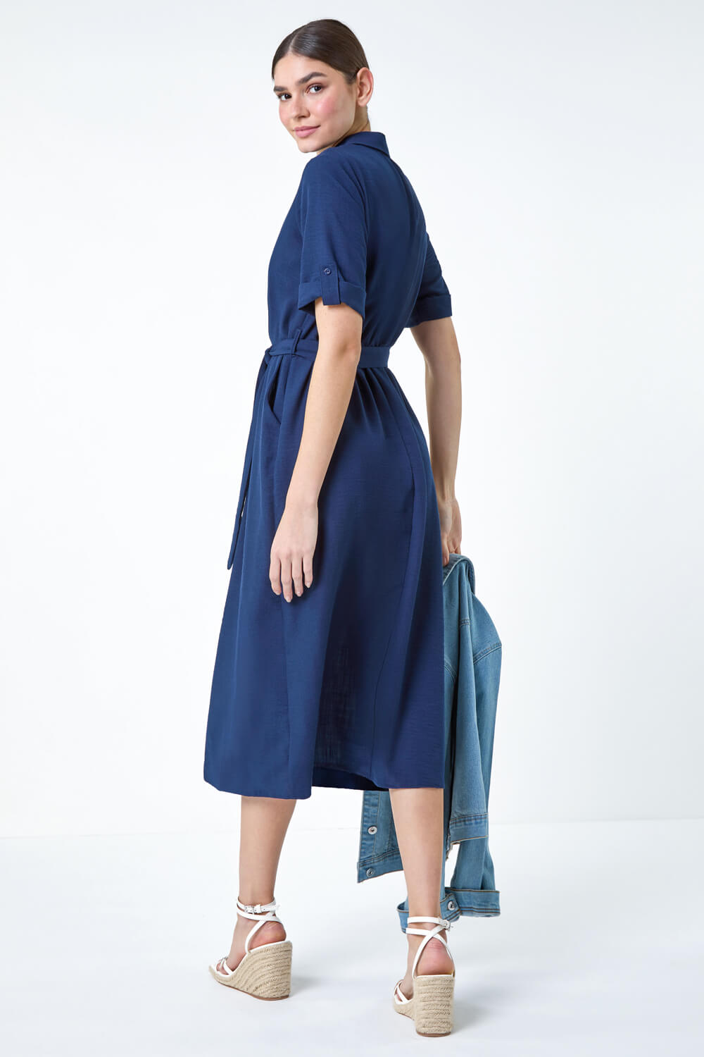 Navy Botanical Print Belted Midi Shirt Dress