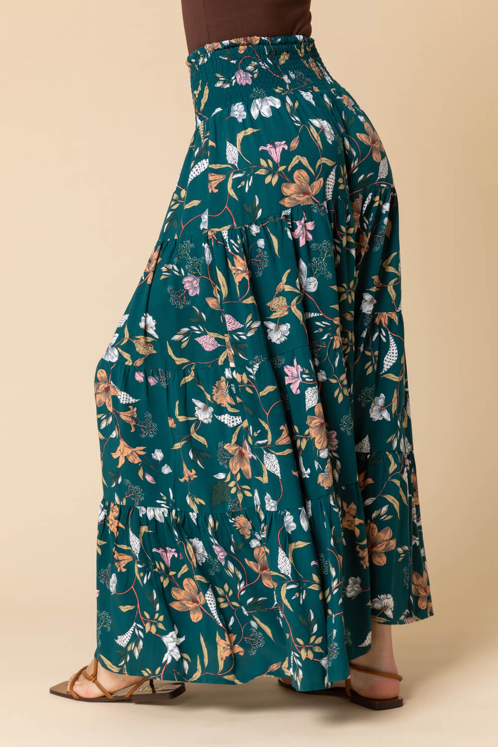 Teal Floral Shirred Waist Maxi Skirt, Image 2 of 4