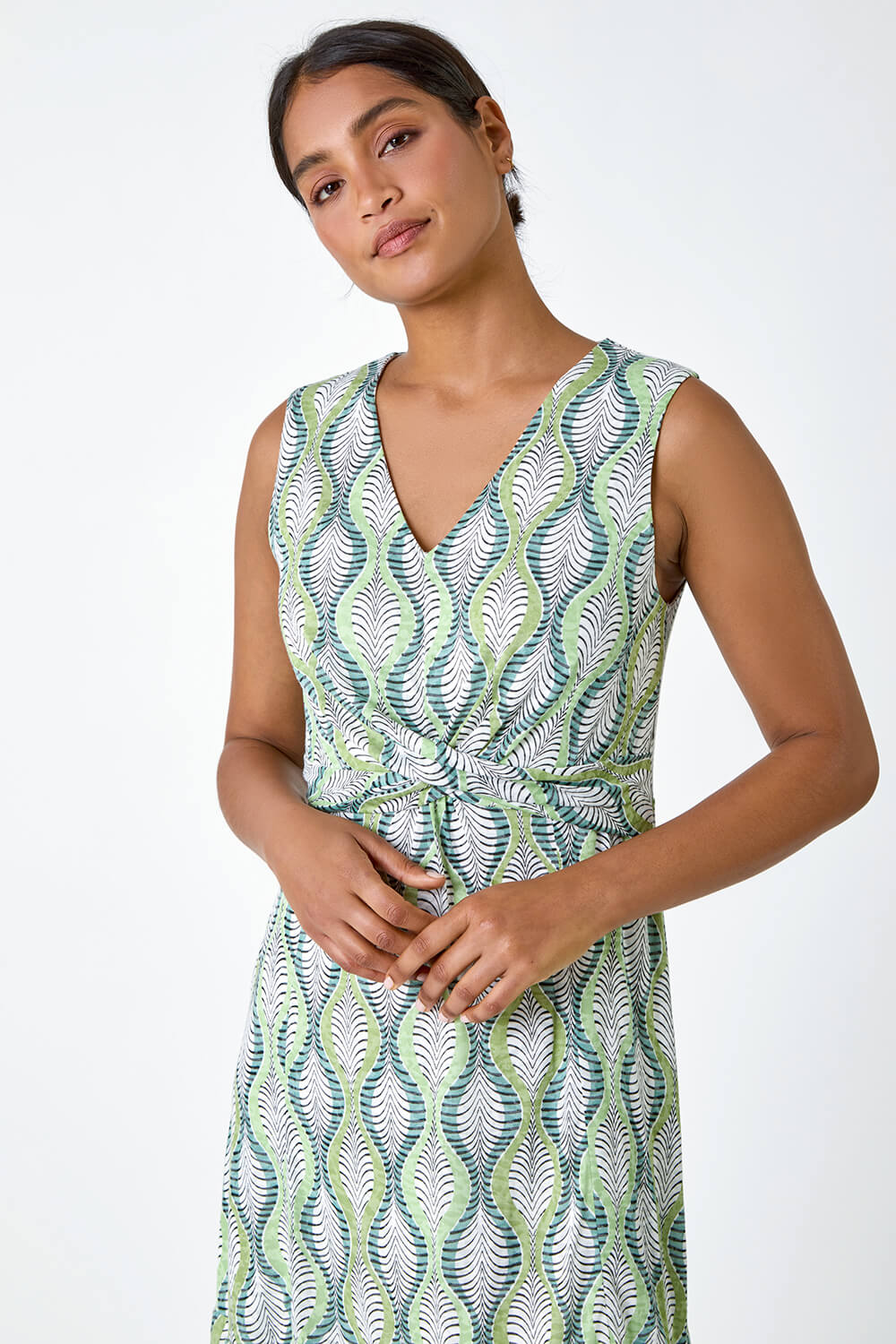 Green Twist Front Leaf Print Stretch Dress | Roman UK