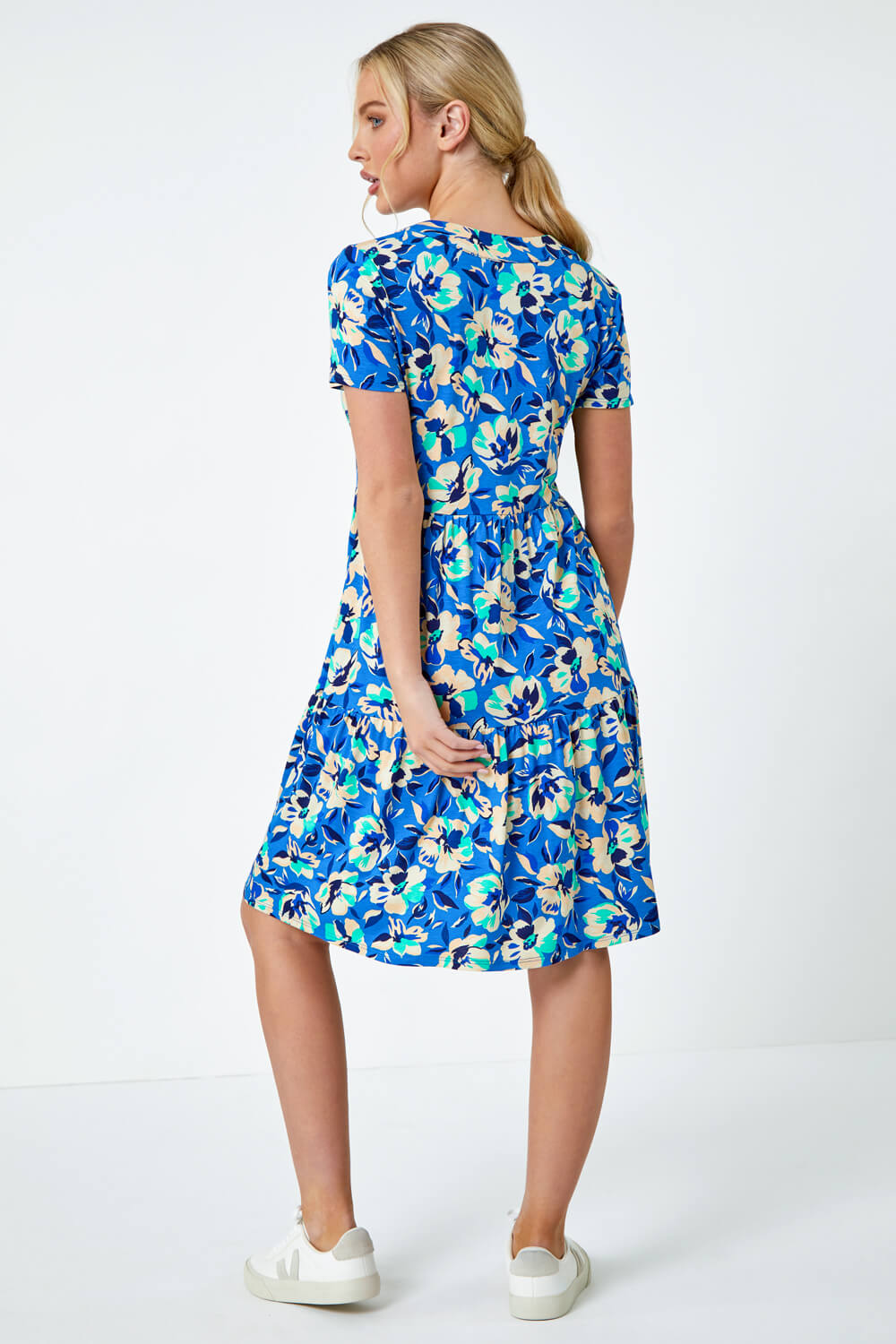 Turquoise Petite Tiered Floral Stretch T-Shirt Dress, Image 3 of 5
