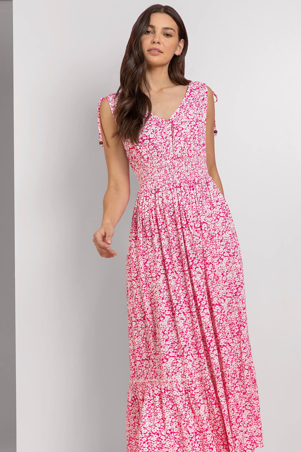 Ditsy Floral Shirred Waist Maxi Dress in Fuchsia - Roman Originals UK