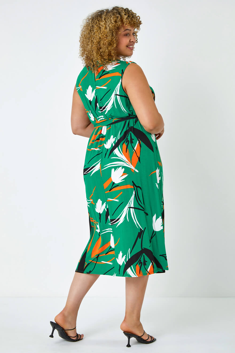 Green Curve Leaf Print Tie Detail Dress, Image 3 of 5