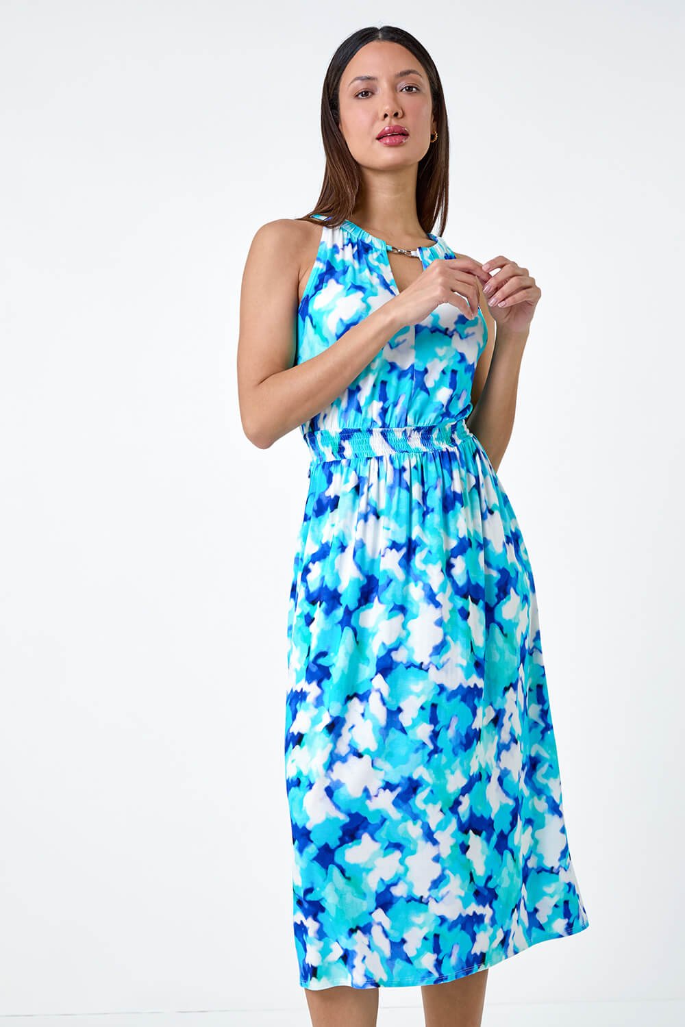 Blue Abstract Halter Neck Stretch Midi Dress, Image 2 of 5
