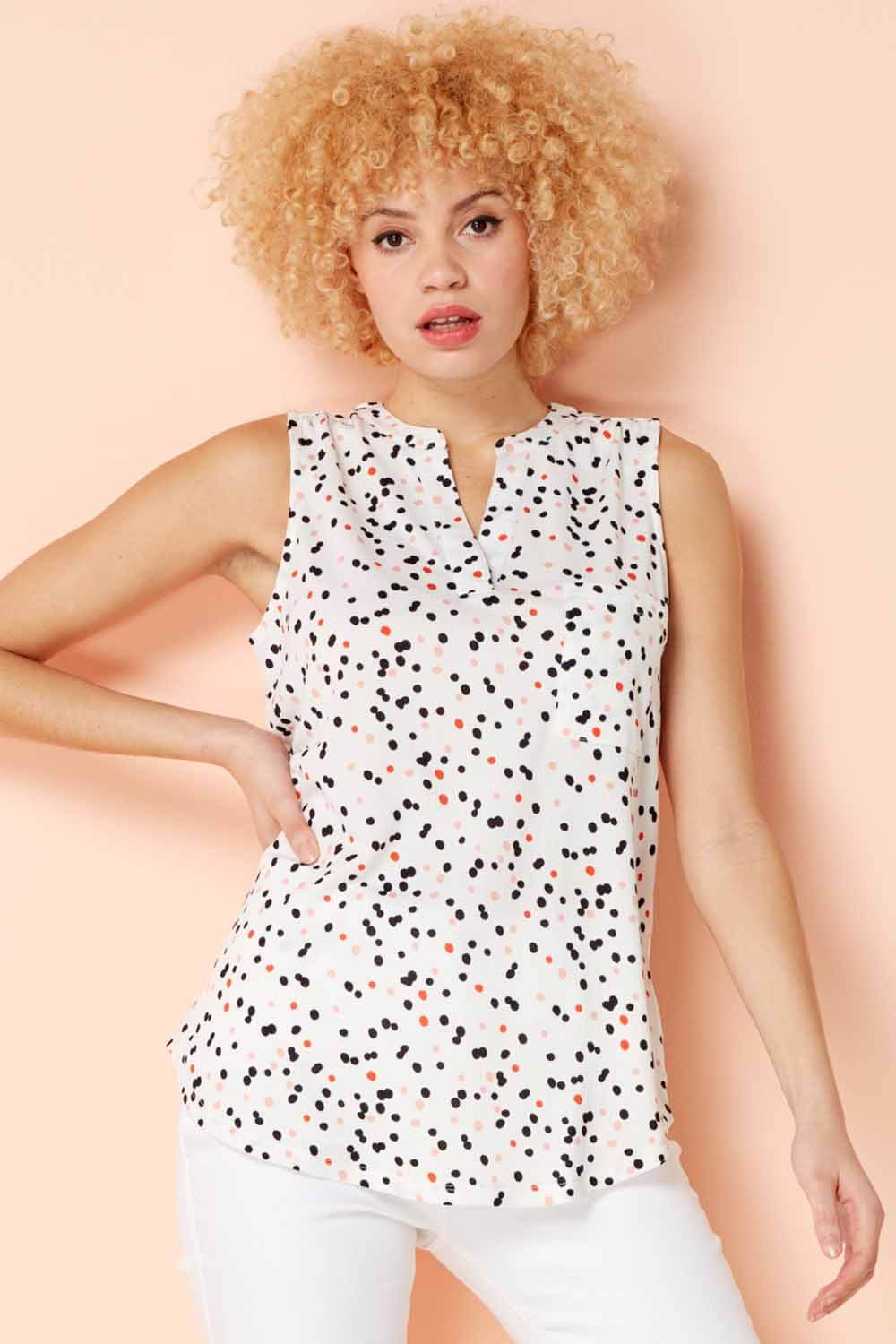 Ivory  Contrast Spot Print Sleeveless Top, Image 3 of 3