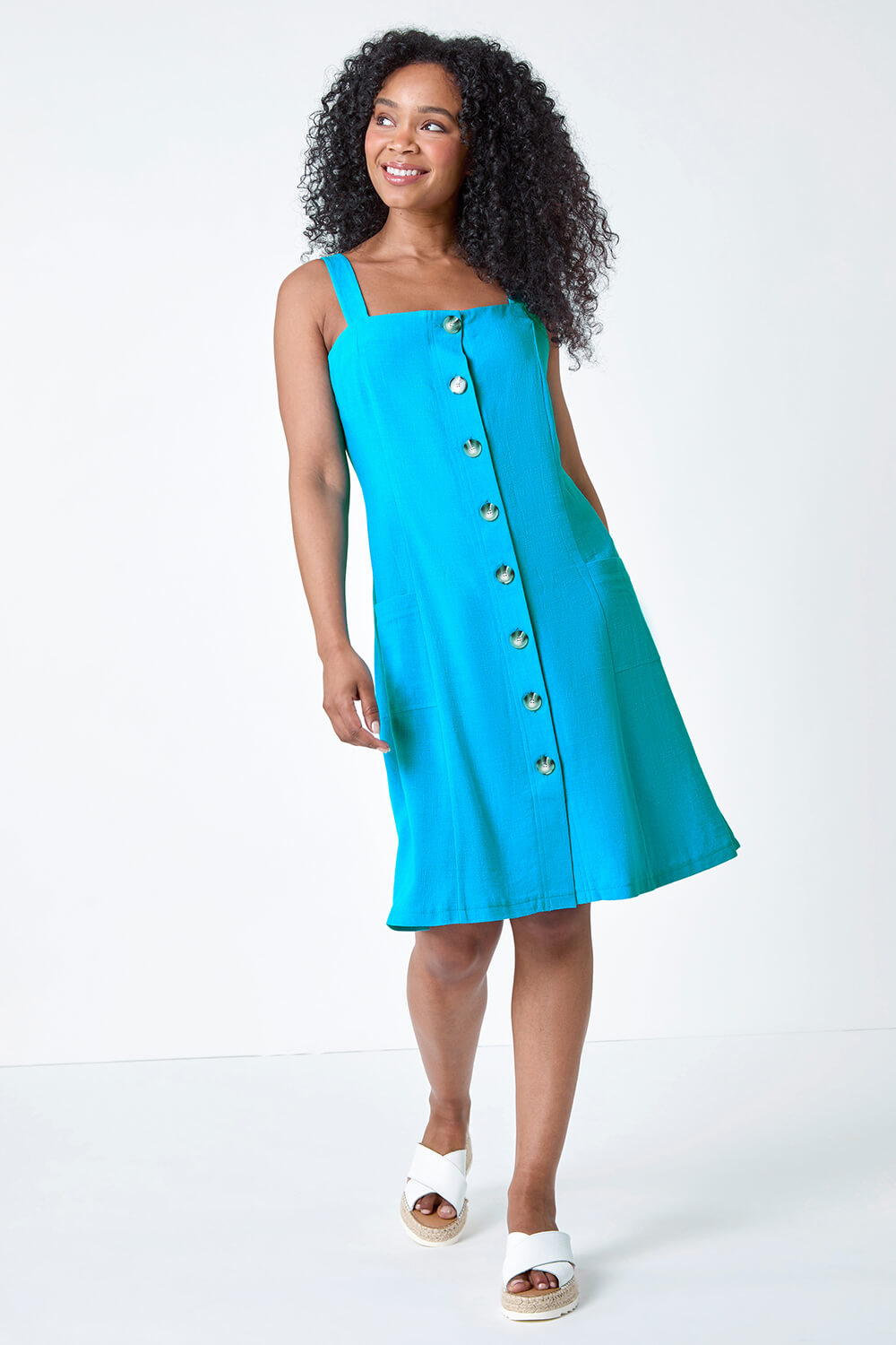 Turquoise Petite Button Front Pocket Dress , Image 2 of 5