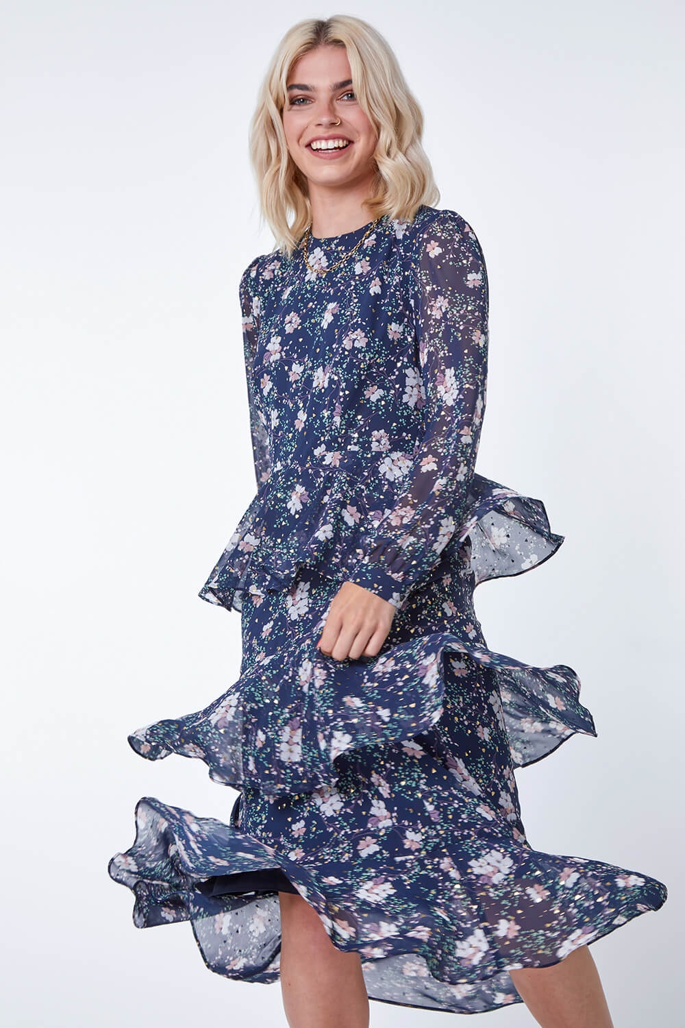 Navy Floral Print Ruffle Maxi Dress | Roman UK