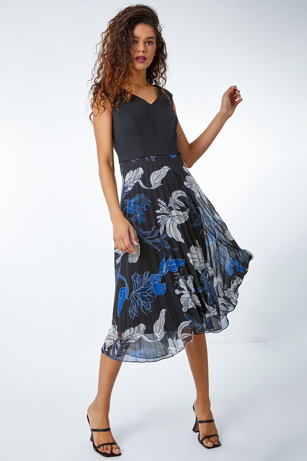 Blue Floral Print Pleated Midi Dress, Image 2 of 5