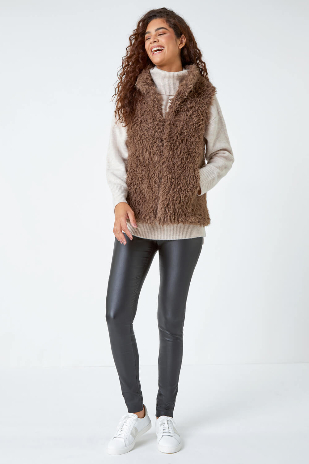 Taupe Faux Fur Fluffy Gilet, Image 2 of 5