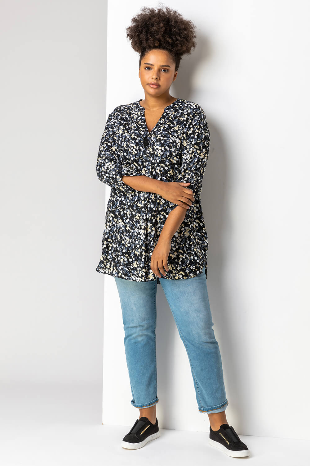 Black Curve Floral Print Tunic Top, Image 3 of 5