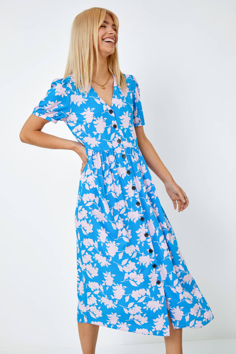 Blue Floral Print Button Detail Maxi Dress, Image 4 of 5