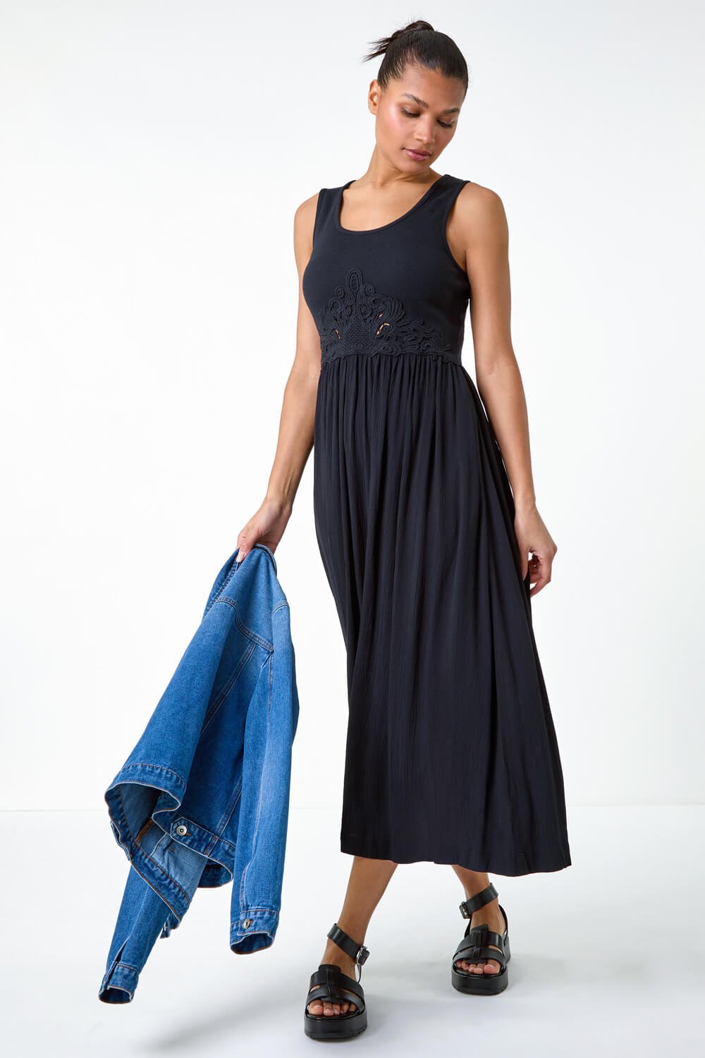 Black Cotton Blend Lace Detail Midi Dress | Roman UK