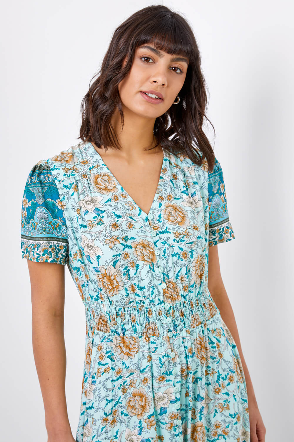 Floral Print Shirred Waist Maxi Dress in Aqua - Roman Originals UK
