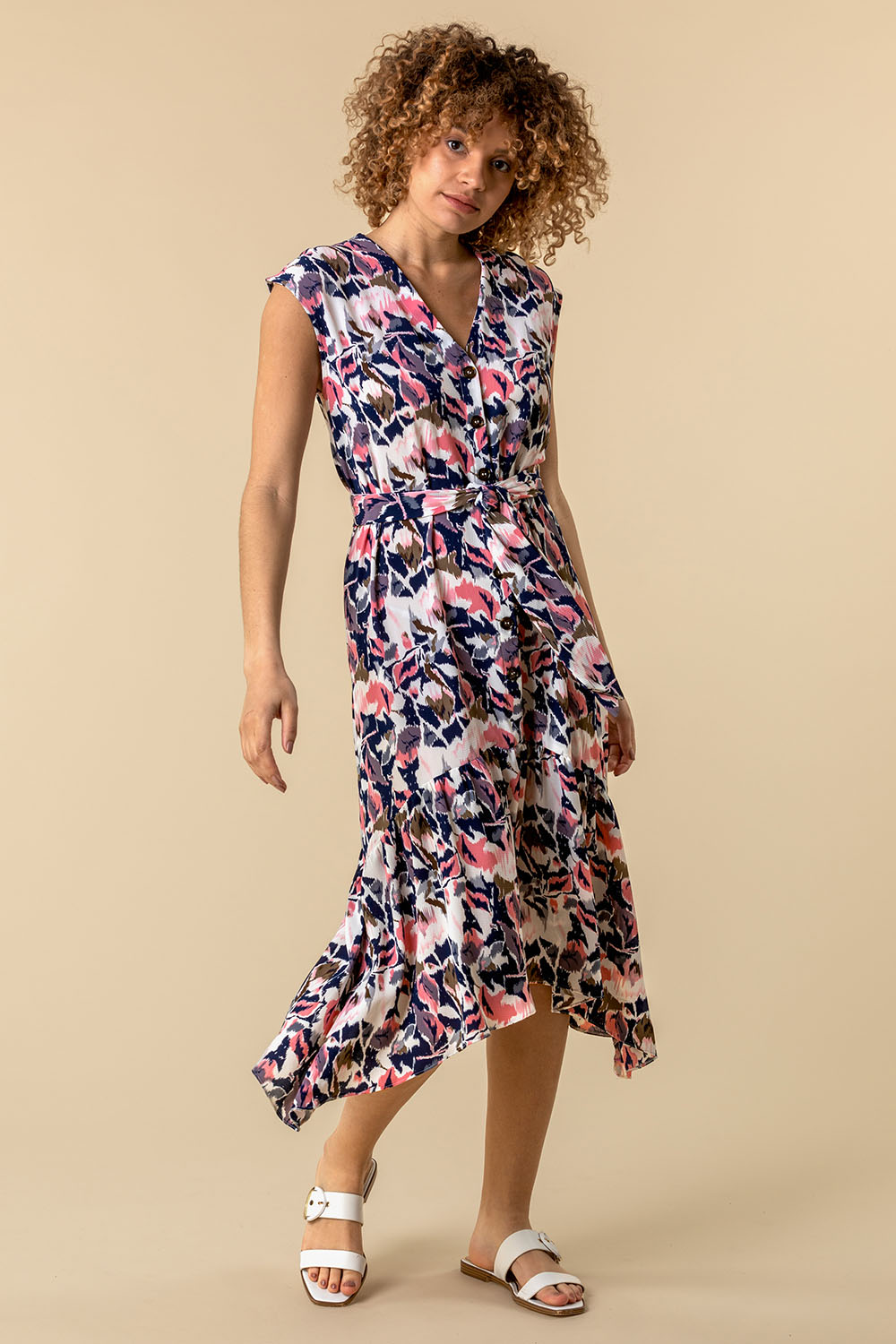PINK Abstract Floral Print Button Down Dress, Image 2 of 4