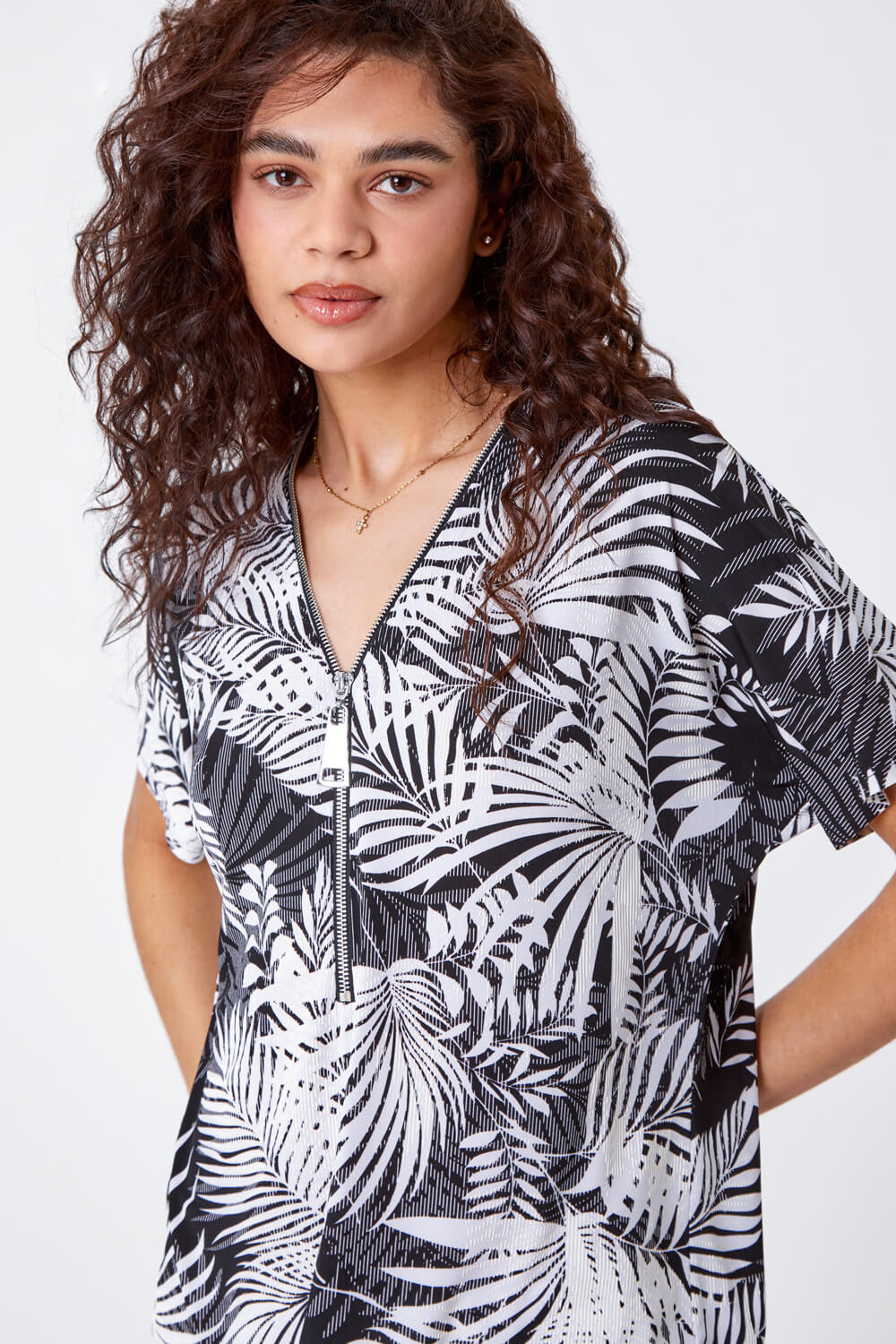 Black Palm Print Zip Front Stretch Top, Image 4 of 5