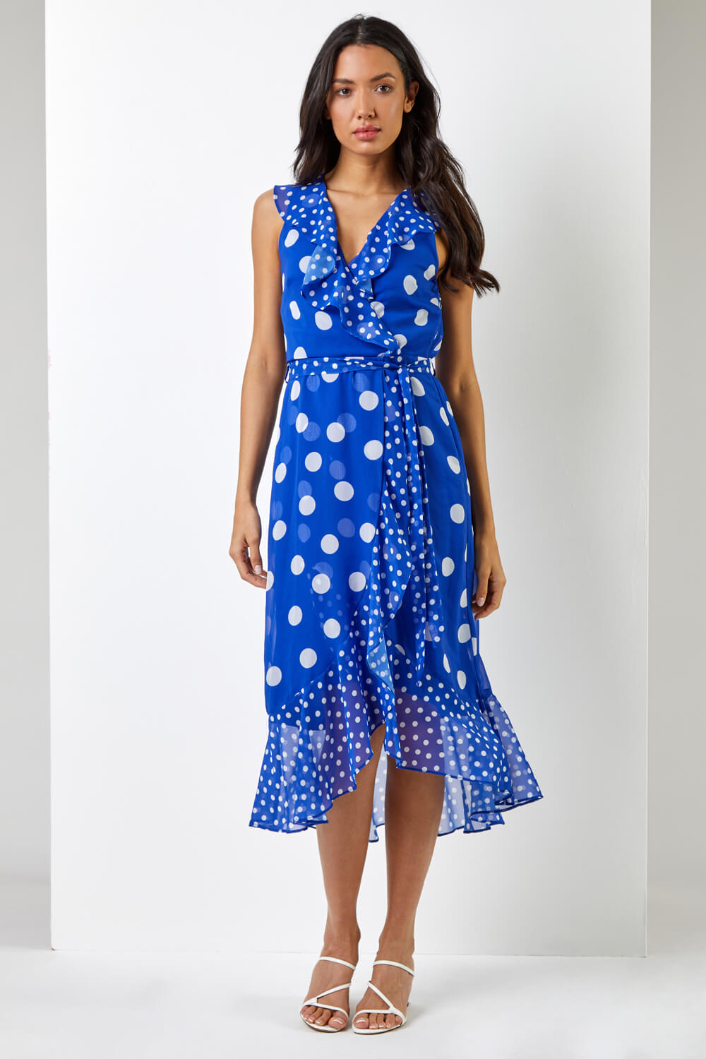 Royal Blue Polka Dot Frill Detail Wrap Dress, Image 3 of 5