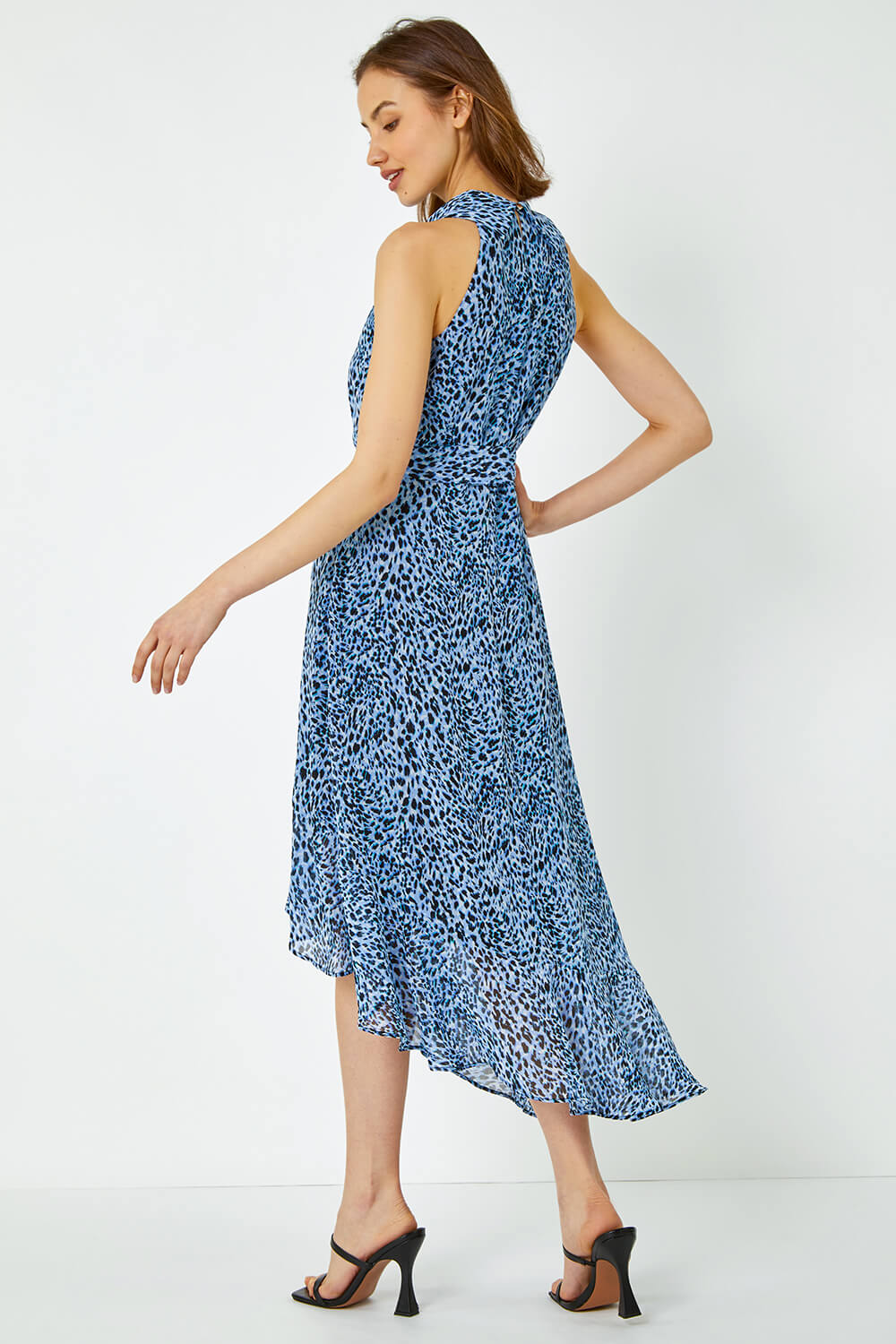 Blue Animal Print Halter Neck Midi Dress, Image 3 of 5