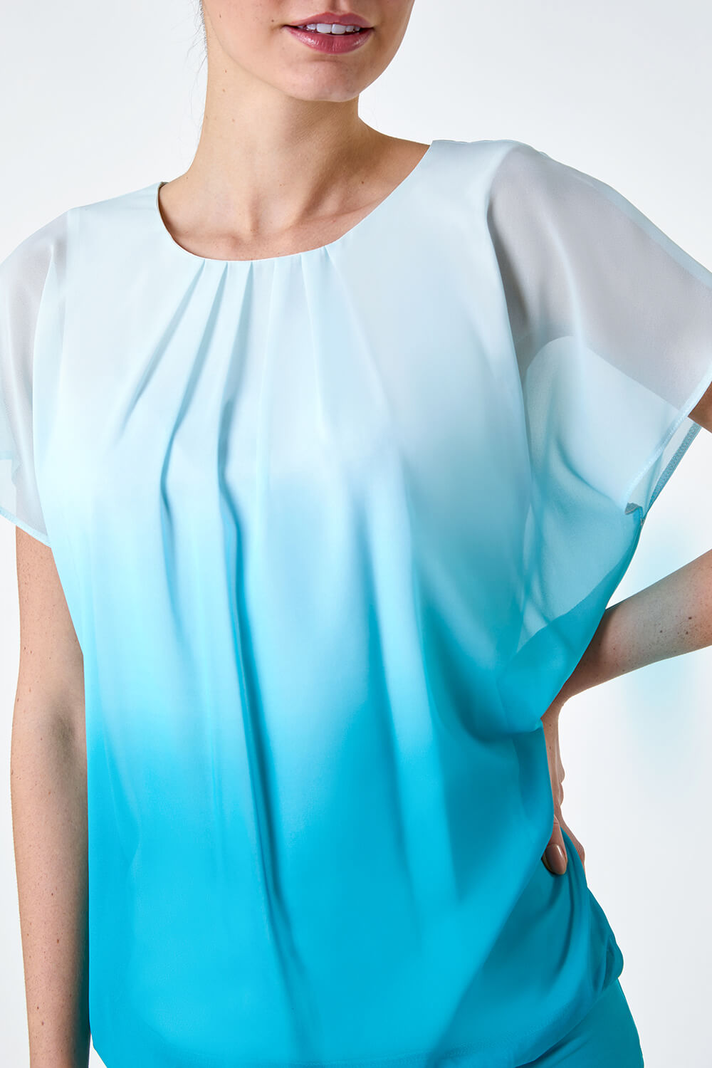 Blue Ombre Chiffon Overlay Blouson Top, Image 5 of 5